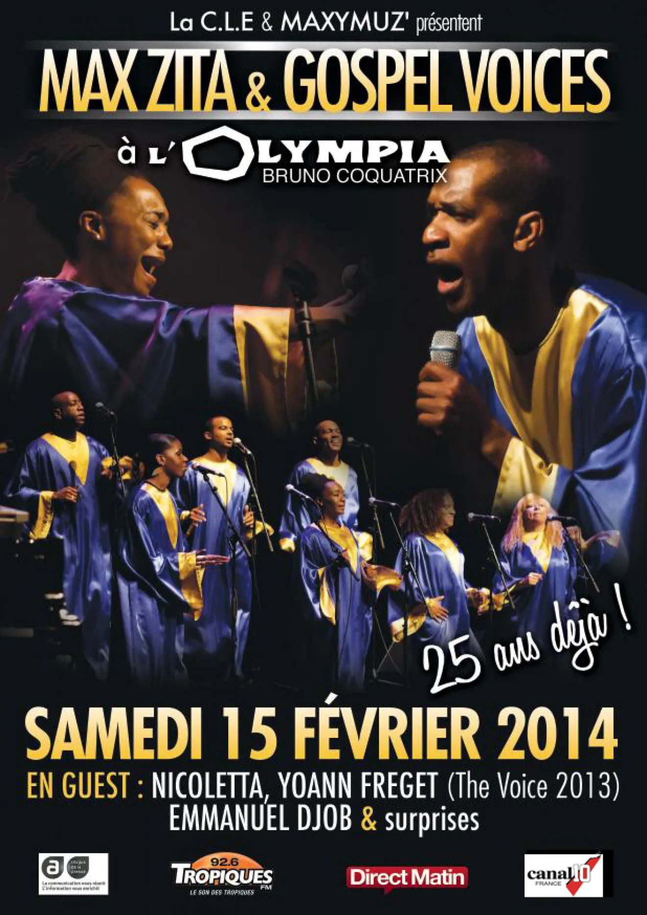 Flyer du concert Max Zita & Gospel Voices à l'Olympia — 15 février 2014, 25 ans de carrière