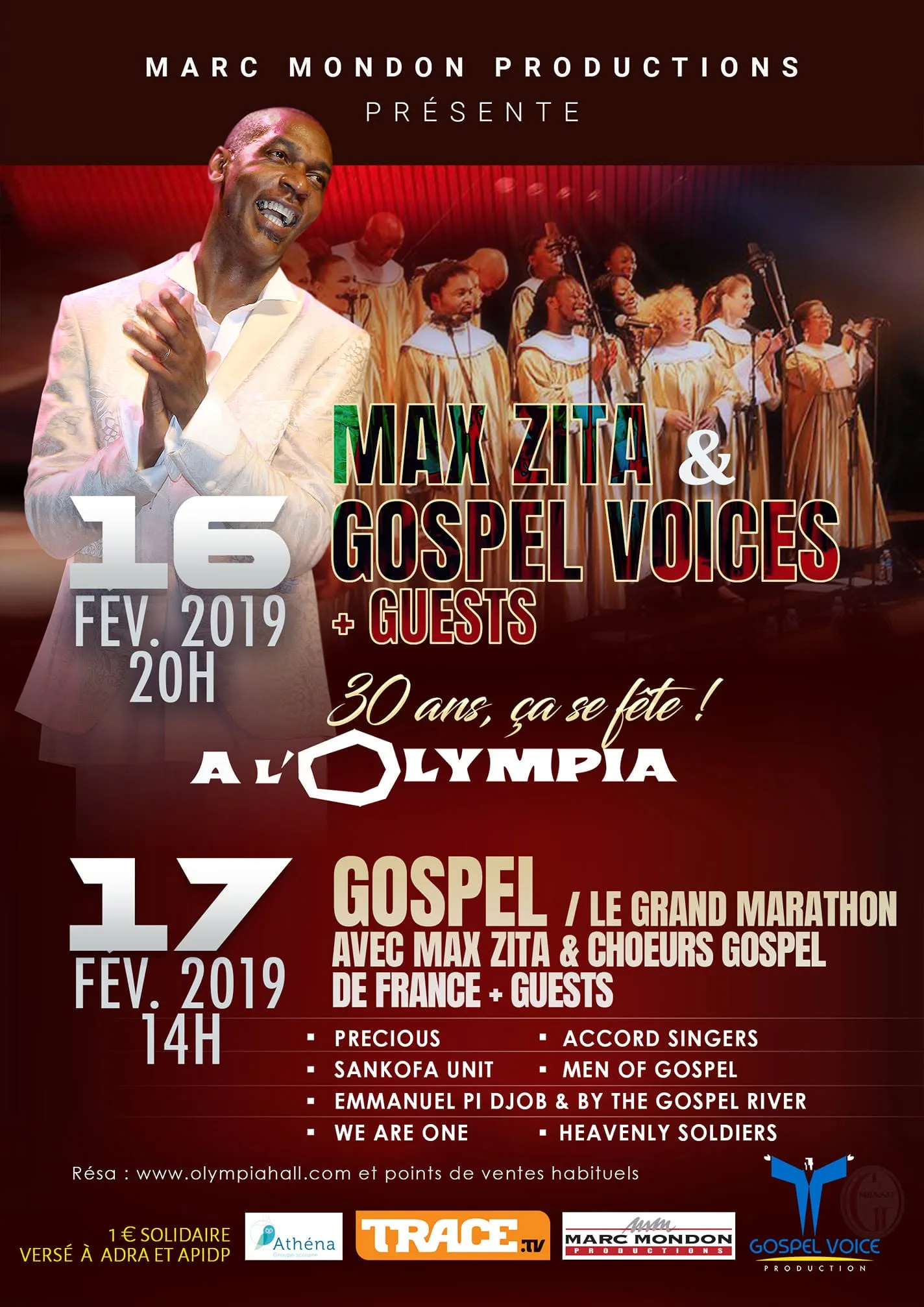 Flyer du concert Max Zita & Gospel Voices à l'Olympia — 16 & 17 février 2019, 30 ans de scène
