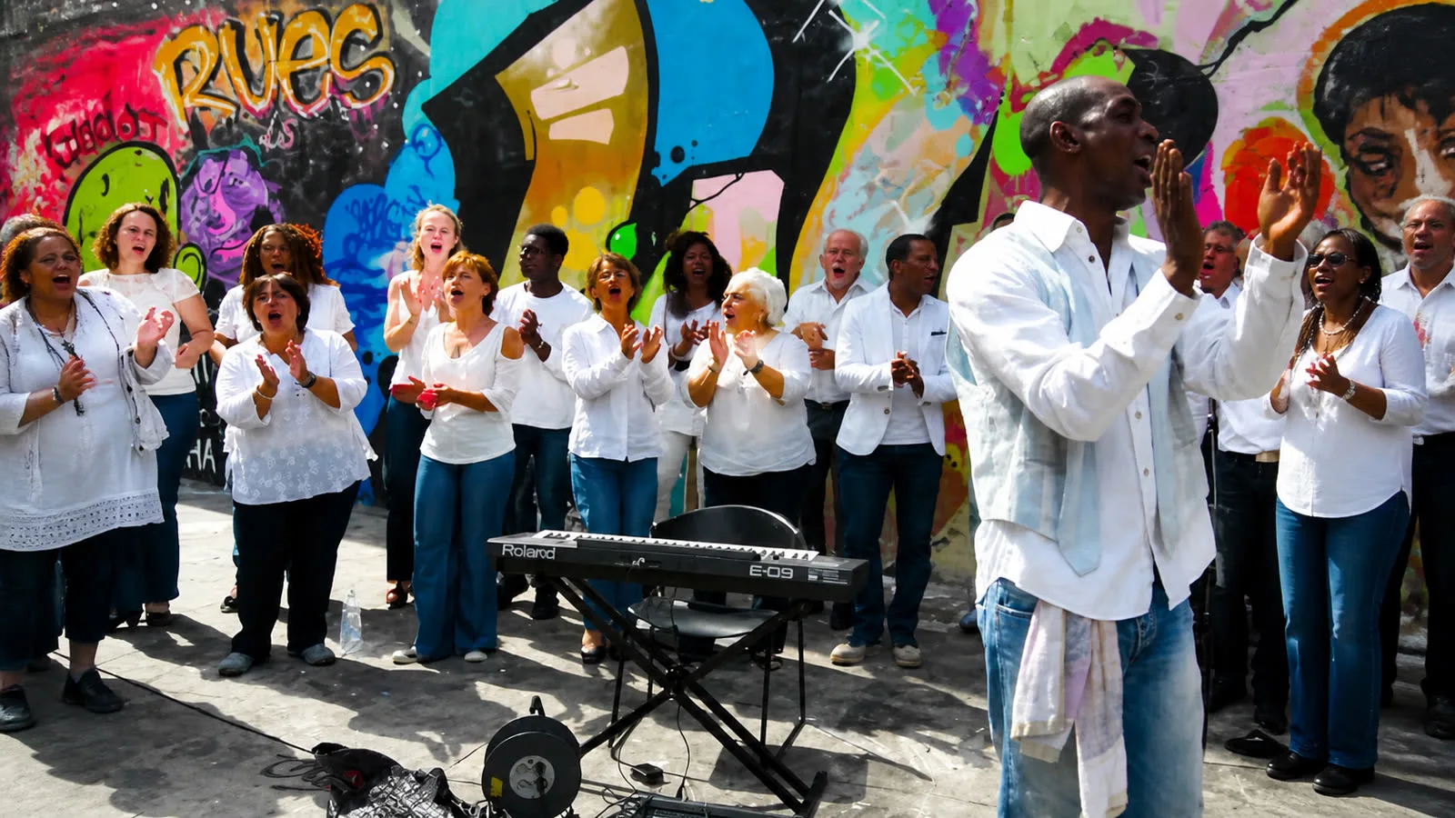 Chœur Max & Muses en performance devant un mur de graffitis