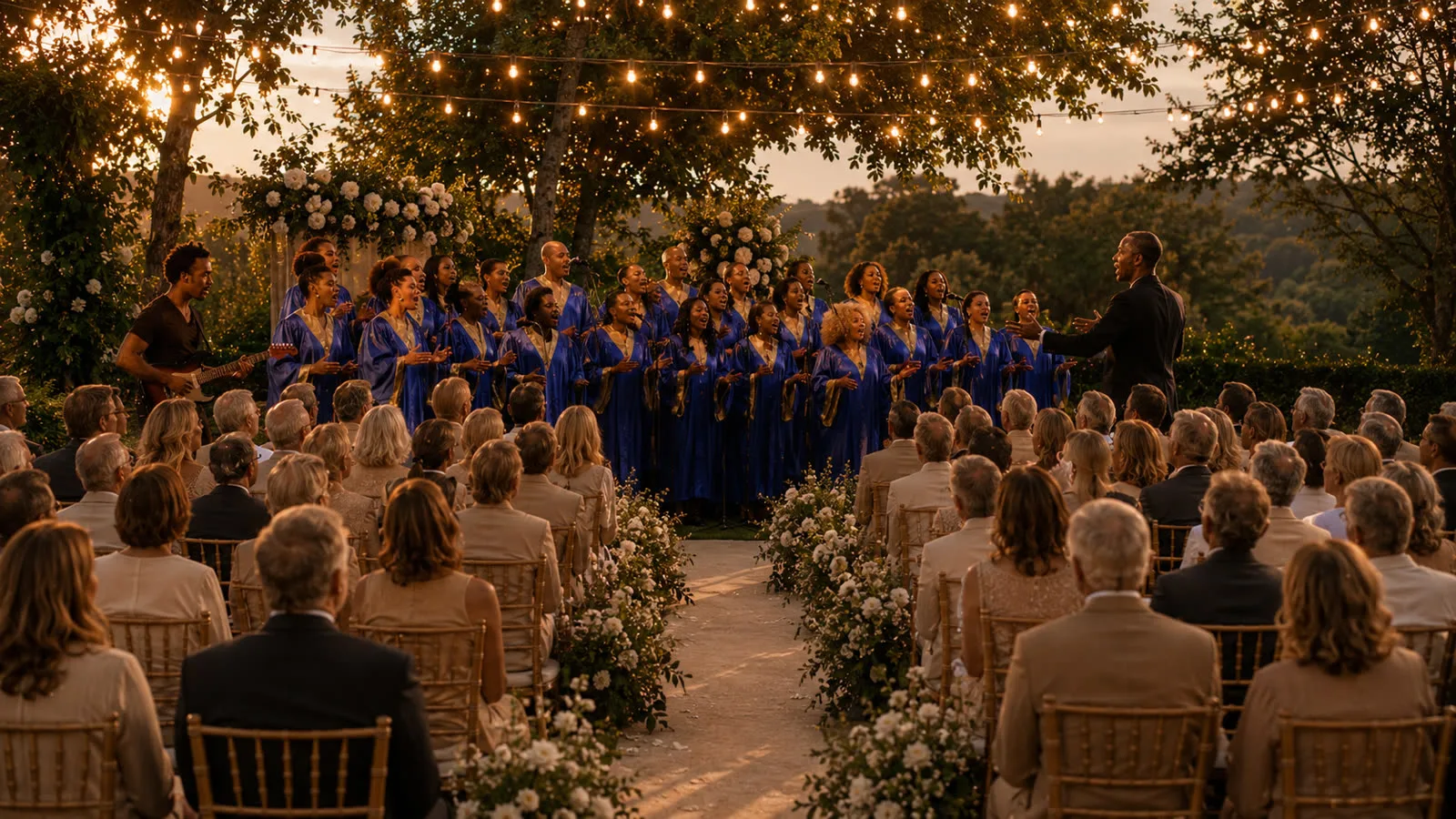 Chœur Max & Muses en robes bleues lors d'une cérémonie de mariage en extérieur au coucher du soleil